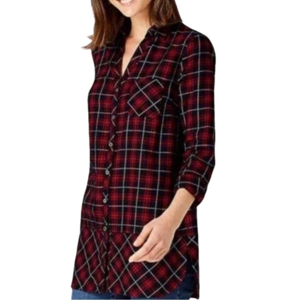 J Jill‎ Plaid flannel Button Up Tiered Tunic Blouse Red Black Medium